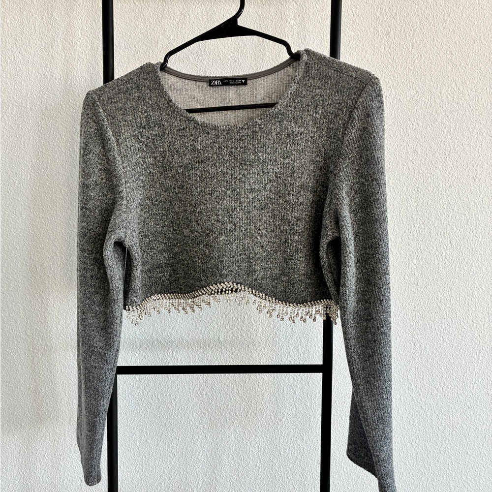 Zara Gray Cropped Knit Sweater with Beaded Fringe